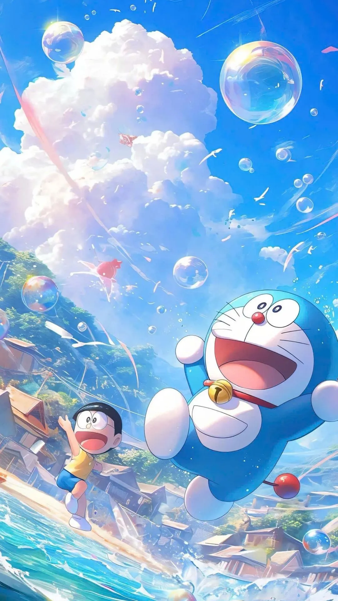 hình nền điện thoại doraemon chơi đùa cùng nobita