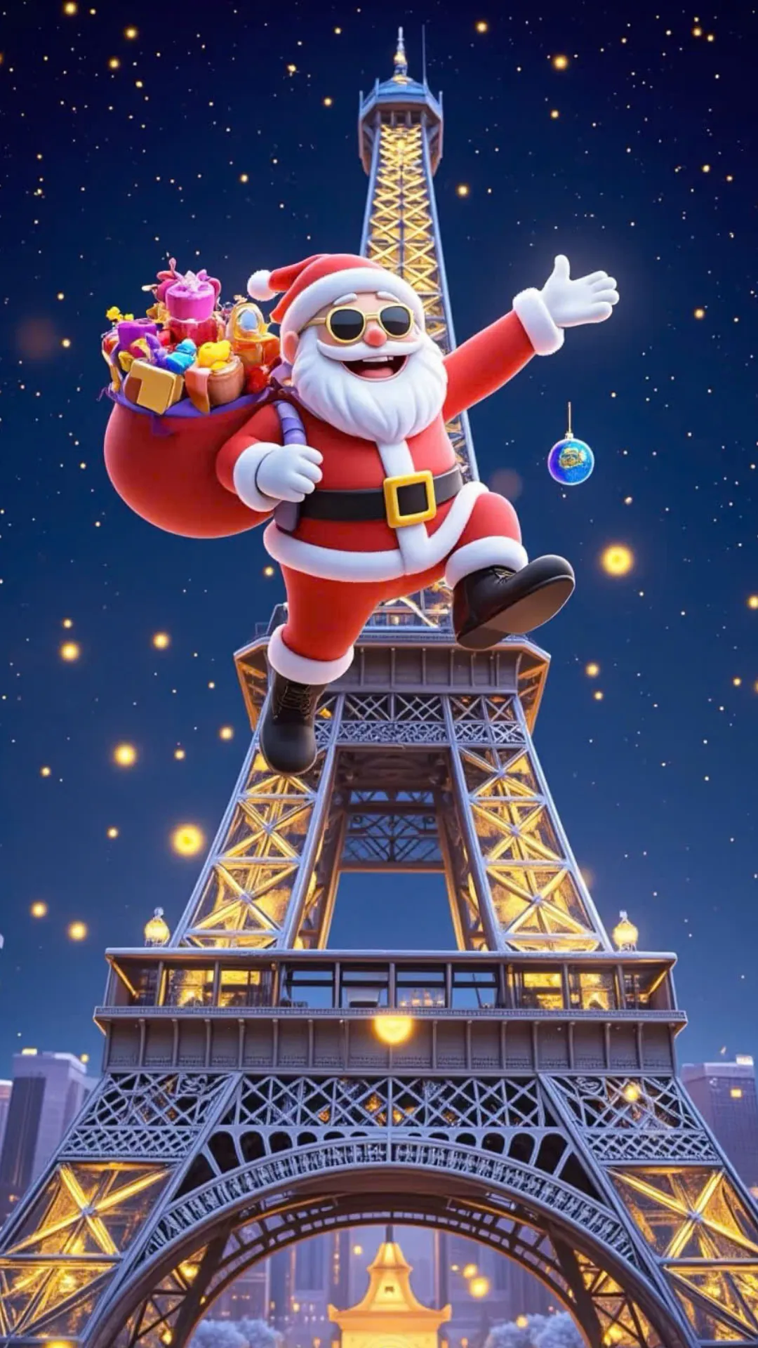 hình nền noel cho điện thoại với hình ảnh ông già noel bên tháp eiffel